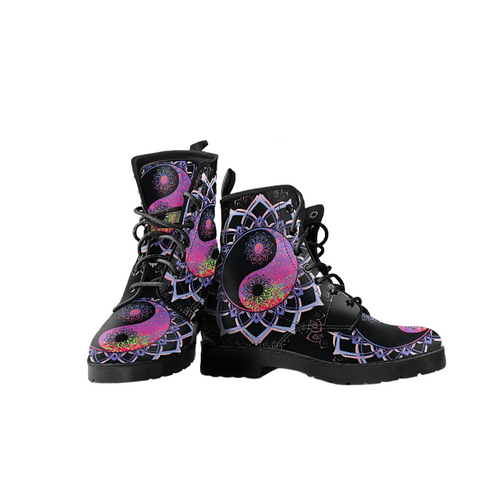 Image of Women's Vegan Leather Boots, Yin Yang Mandala Design, Lace,Up Boho