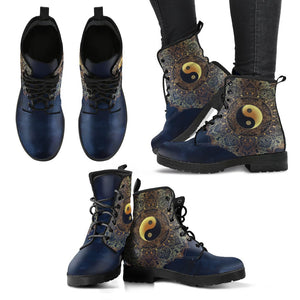 Yin Yang Rain Inspired Women's Vegan Leather Boots, Lace-Up Boho Hippie Ankle Boots, Handmade Mandala-Embossed Leather Footwear