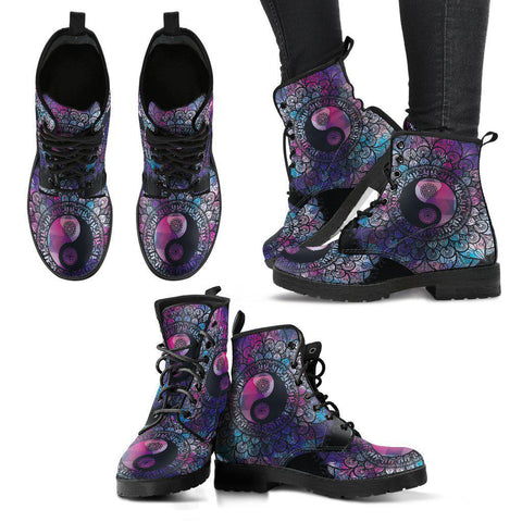 Image of Women's Vegan Leather Boots, Blue Yin Yang Mandala Black Design, Handmade Hippie Spiritual Rain Footwear, Stylish Streetwear Fashion