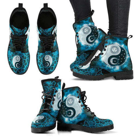 Image of Women's Vegan Leather Boots, Blue Yin Yang Mandalas Sun Moon, Hippie