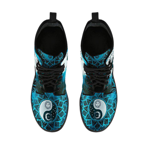 Image of Women's Vegan Leather Boots, Blue Yin Yang Mandalas Sun Moon, Hippie