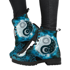 Women's Vegan Leather Boots, Blue Yin Yang Mandalas Sun Moon, Hippie