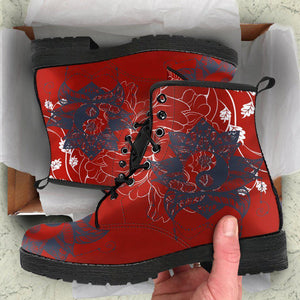 Red Yin Yang Lotus Floral Women's Vegan Leather Boots, Handcrafted Winter Rainbow Rain Shoes
