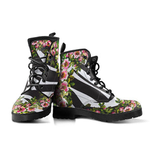 Zebra Stripe Floral Women's Vegan Leather Boots, Handmade Rain Shoes, Hippie Spiritual Footwear, Multi Colored Design
