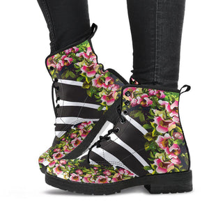 Zebra Stripe Floral Women's Vegan Leather Boots, Handmade Rain Shoes, Hippie Spiritual Footwear, Multi Colored Design