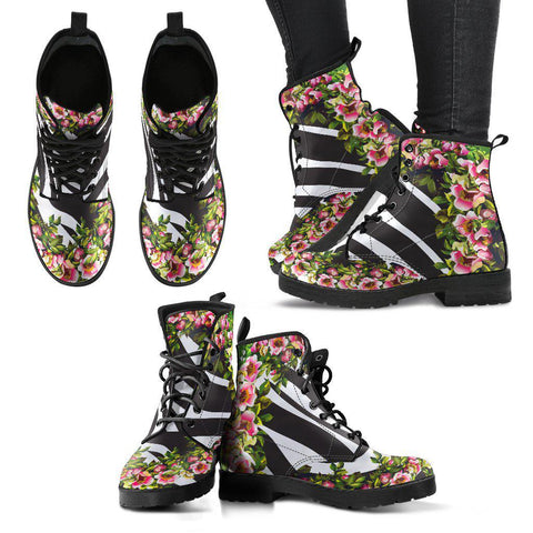 Image of Zebra Stripe Floral Women's Vegan Leather Boots, Handmade Rain Shoes, Hippie Spiritual Footwear, Multi Colored Design