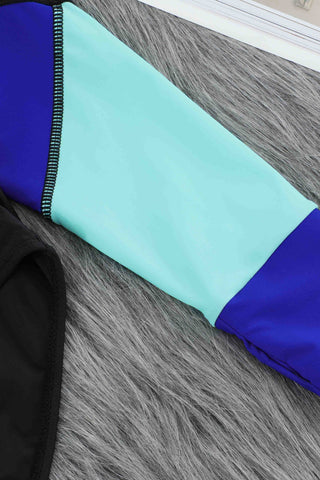 Image of Color Block Half Zipper Long Sleeve One Piece Swimsuit Bikini