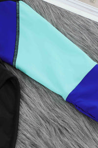 Color Block Half Zipper Long Sleeve One Piece Swimsuit Bikini