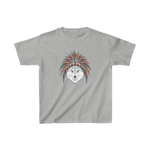 Image of Feather Headdress Tribal Wolf Kids Heavy Cotton Tshirt