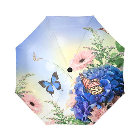 Image of blue hydrangeas and butterfly Auto-Foldable Umbrella (Model U04)