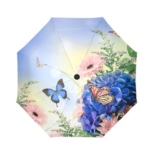 blue hydrangeas and butterfly Auto-Foldable Umbrella (Model U04)