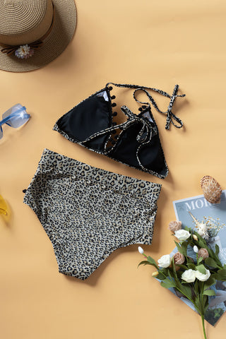 Image of Printed Pompom Detail Halter Neck Two Piece Bikini Swimsuit Set