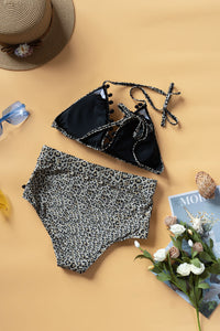 Printed Pompom Detail Halter Neck Two Piece Bikini Swimsuit Set