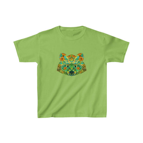 Image of Green Colorful Mandala Racoon Kids Heavy Cotton Tshirt