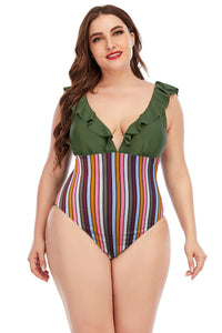 Tropical Plus Size Two Tone Ruffled One Piece Swimsuit Bikini