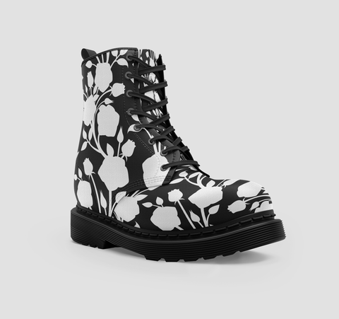 Image of Black And White Floral Vegan Wo's Boots , Stylish Girls Footwear ,