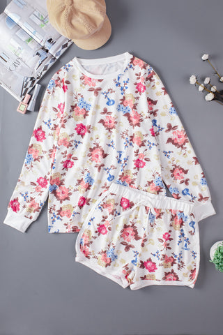 Image of Floral Long Sleeve Top And Shorts Lounge Set