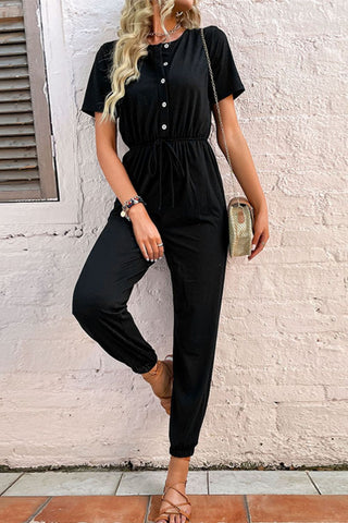 Image of Button Front Short Sleeve Jogger Jumpsuit