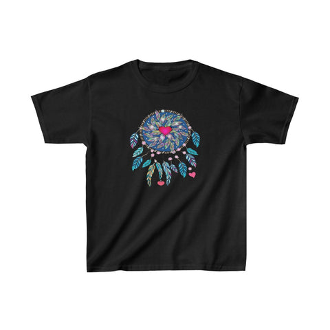Image of Multicolored Blue Heart Feather Dreamcatcher Kids Heavy Cotton Tshirt