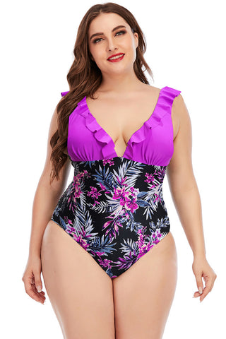 Image of Tropical Plus Size Two Tone Ruffled One Piece Swimsuit Bikini
