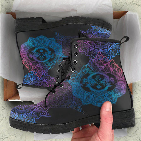 Image of Sun Eclipse Crescent Moon Women's Vegan Leather Boots, Handcrafted Mandala Fashion Footwear