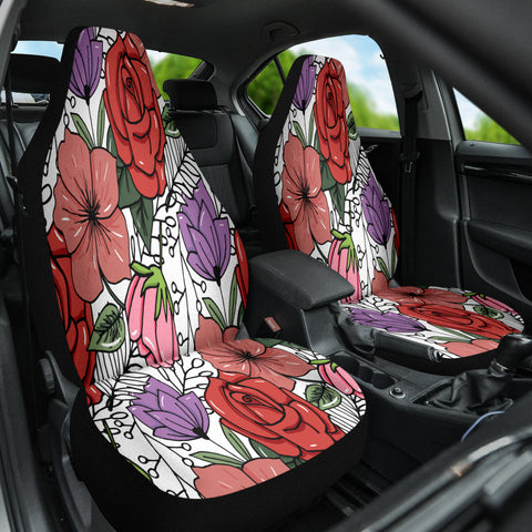 Image of Red Rose Floral Tropical Car Seat Covers, Exotic Flower Design Protectors,