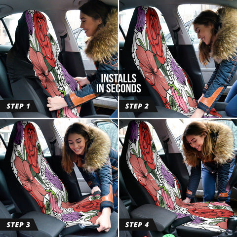 Image of Red Rose Floral Tropical Car Seat Covers, Exotic Flower Design Protectors,