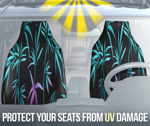 Image of Tropical Bamboo Leaves Floral Car Seat Covers, Exotic Front Seat Protectors, 2pc