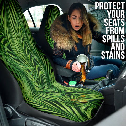 Image of Green Palm Leaf Tropical Car Seat Covers, Botanical Design, Front Seat
