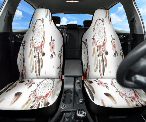 Image of White Dreamcatchers Boho Floral Car Seat Covers, Ethnic Pattern Front