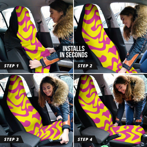 Image of Yellow Pink Animal Print Car Seat Covers, Personalized Exotic Front Protectors,